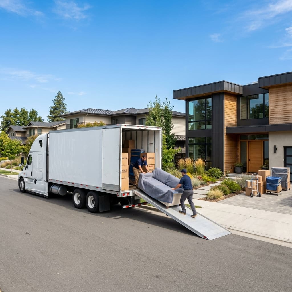 A large semi-trailer moving truck parked outside a modern home on moving day