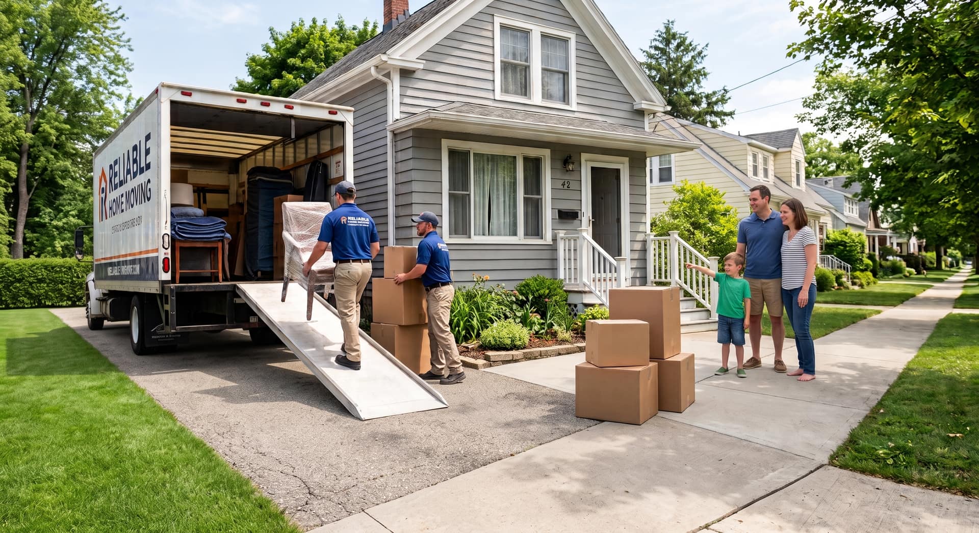A professional moving crew carefully loading a local box truck in a residential neighborhood